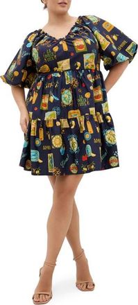 City Chic Fantasy Amalfi Print Tiered Minidress in Navy La Dolce at Nordstrom, Size Xxxs