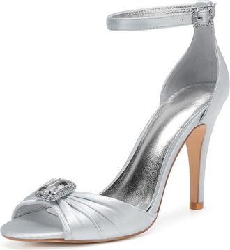 Generic Wedding Shoes Womens Open Toe Stiletto Sandals Ankle Strap Prom Dress Summer Satin Bridal High Heels 10.5 Cm,Silver,5 UK