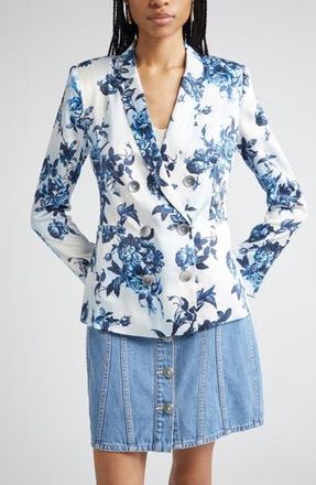 L'agence Colin Floral Double Breasted Silk Blazer in White/Blue Painterly Floral at Nordstrom Rack, Size 6