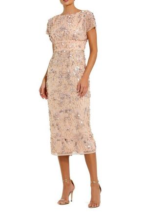 Mac Duggal Embellished Mesh Fitted Short Sleeve Midi Dress in Blush at Nordstrom, Size 14