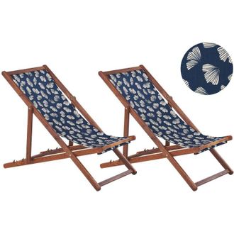 Beliani Set of 2 Folding Deck Chairs ANZIO with Replacement Fabrics Floral Motif Acacia Wood Dark Brown