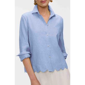 Foxcroft Scallop Hem Linen Blend Button-Up Shirt in Powder Blue at Nordstrom, Size X-Large P