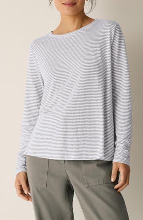 Eileen Fisher Stripe Organic Linen Long Sleeve T-Shirt in Bay Leaf at Nordstrom, Size Medium P
