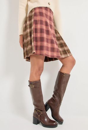 Faith Womens : Cleo Faux Leather High Block Heel Knee Biker Boots - Brown - Size UK 8