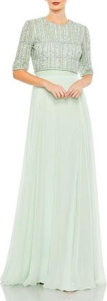 Mac Duggal Fully Beaded 3/4 Sleeves Top Chiffon Gown in Sage at Nordstrom, Size 16