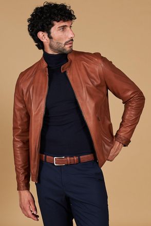 D'Arienzo Giacca in pelle naturale colore cuoio effetto liscio collo coreana DArienzo, Seleziona Taglia 50, Colore Cuoio