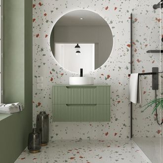 Aurlane Mueble De Ba&ntilde;o 80cm Verde Oliva - Cajones Ondulados - Lavabo Redondo &Oslash;36cm