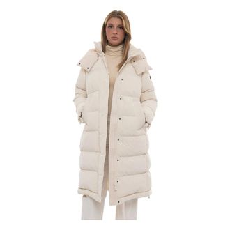 Peuterey Parkas, female, Beige, M, Quilted Long Jacket with Removable Hood