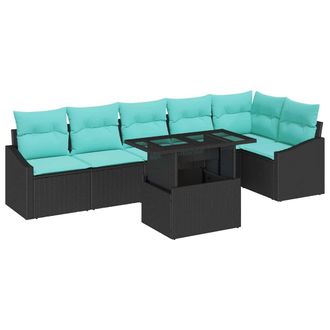 vidaXL Conjunto De Sof&aacute; De Jard&iacute;n 7 Uds. Negro Y Azul Rat&aacute;n Sint&eacute;tico Vidaxl