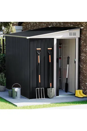 Living and Home 5X7FT Sliding Door Pent Roof Garden Tool Shed Outdoor Storage House in Charcoal