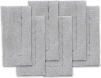 Solino Home Linen Dinner Napkins Set of 6, 20 x 20 Inch for Dining Table, Holiday and Everyday Table Decor - Classic Hemstitch in Soft Grey at