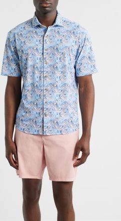 Johnnie-O Otto Tropical Print Knit Short Sleeve Button-Up Shirt in Infinity at Nordstrom, Size Xx-Large
