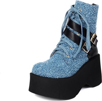 Generic Womens Ankle Boots With Knitted Fabric Contrast Strap Lace-Up Chunky Platform Heel Bold Color Stylish Streetwear Casual Party Shoes,Blue,5.5 UK