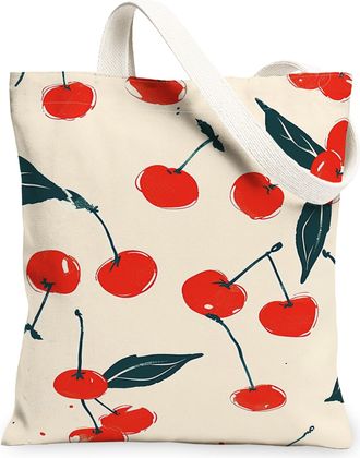 Generic Cherries Print Canvas Tote Bags, Vintage Cherries Design Reusable Grocery Bags, Lightweight Washable Shoulder Strap Canvas, Beige, 13x15 Inch
