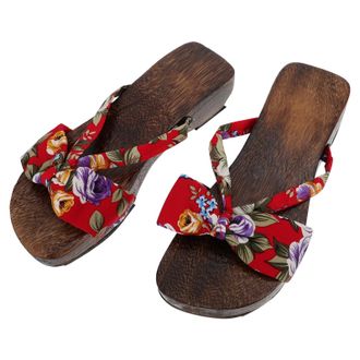 Supvox Womens Flat Wooden Clogs Slippers Double Red Straps, Non-Skid Tongmu Sandals Size 38, Stylish Summer Footwear for Casual and Indoor Use