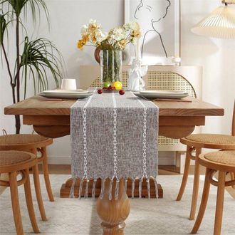 OEM Camino De Mesa Estilo Campestre Con Borlas, Largo 200 Cm, Como Decoraci&oacute;n De Tocador Y Como Decoraci&oacute;n De Comedor (33 X 200 Cm)