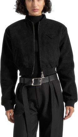 Mani&egrave;re De Voir Monique Suede Wide Shoulder Bomber Jacket in Black at Nordstrom, Size 10