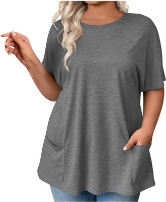 Generic Womens Oversize T Shirts Short Sleeve Baggy Loose Pocketed Tops Plus Size Lightweight Crew Neck Basic Tee Casual Country Shirt Cotton Comfort Summer S