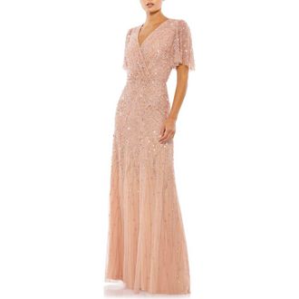 Mac Duggal Womens Embellished Flutter Sleeve Evening Gown in Nude at Nordstrom, Size 2
