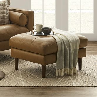 Castlery Brown Top Grain Leather Ottoman | Madison by Castlery