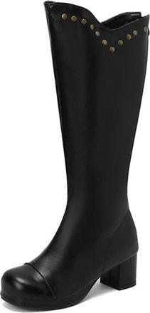 Generic Womens Goth Knee High Riding Boots Fashion Studded Decor Square Toe Block Heels Punk Shoes with Back Zipper (Black,5.5)