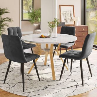 Merax Marble Effect Round Dining Table Set With 4 Chairs in Grey