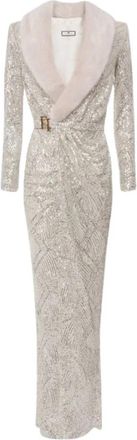 Elisabetta Franchi Red Carpet Maxi Jurk - Dames - Avondkleed - Beige - XL - Leer - Kleedjes