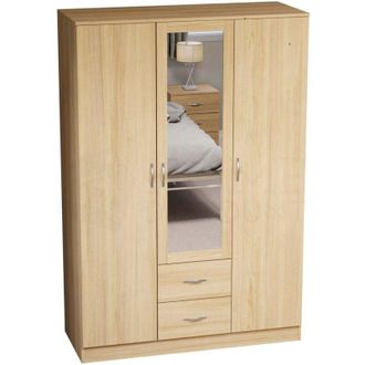 Home Discount Riano 3 Door 2 Drawer Mirrored Wardrobes With Hanging Rail & Shelves, Pine