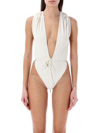 Saint Laurent White Backless V-Halter Swimsuit