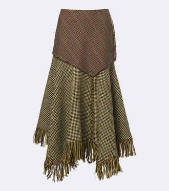 Ganni Fringed houndstooth wool-blend midi skirt
