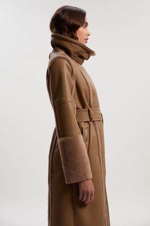 Karen Millen Womens Faux Fur Buckle Detail Belted Biker Midi Coat - Mink - Size 14 UK