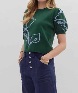 Entro Isabelle Floral Puff Sleeve Sweater Top In Forest Green