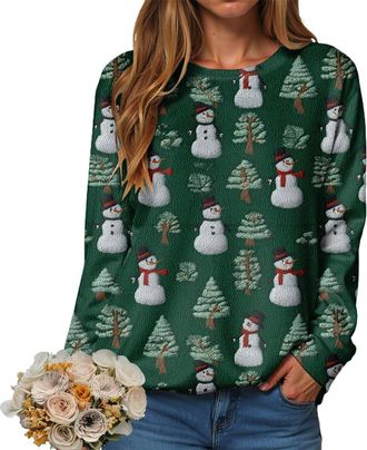 Generic Womens Christmas Jumpers Xmas Long Sleeve Neck Sweatshirt Tree Print Pullover Ladies Tops Funny Christmas Jumpers UK Classic Crew Workout Shirts Loose