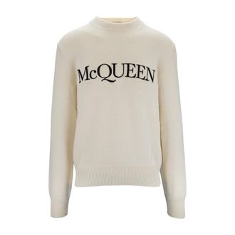 Alexander McQueen Alexander McQueen, Sweatshirts, male, Beige, Size: 2XL Mens Crewneck Sweater with Embroidered Logo
