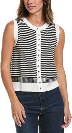 Adrianna Papell Crewneck Striped Button Front Cardigan