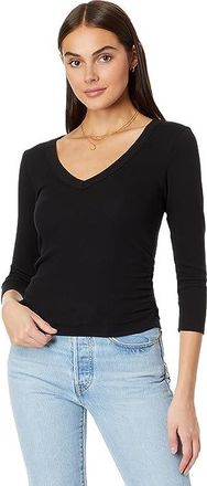 Michael Stars Enid 3/4 Sleeve V-Neck Crop T-Shirts Womens Clothing Black : XL (US 10-12), Cotton/Modal/Spandex