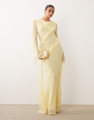 Daska Vestito lungo in chiffon giallo limone con scollo ad anello con volant