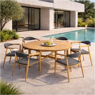 Wanda Collection Juego De Mesa Redonda De Teca Y 6 Sillones De Teca Y Cuerda