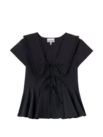 Ganni Black Solid V Neck Top