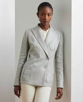 Ralph Lauren Foiled Linen-Cotton Blazer In Metalic Blue/silver