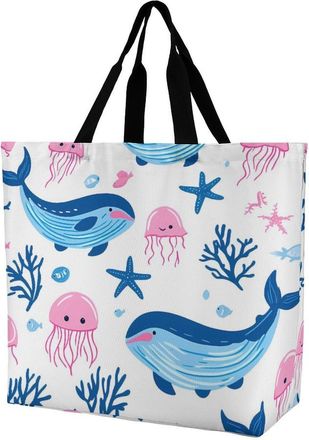 Generic Whals Jellyfish Reusable Shopping Bags One Shoulder Grocery Tote Bag Waterproof Big Purse for Work Travel