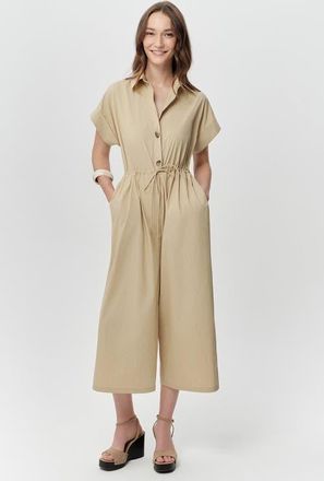 Exquise Nixie Shirt Collar Short Sleeve Drawstring Waist Jumpsuit in Beige at Nordstrom, Size Xx-Large