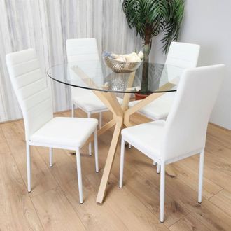 Kosy Koala Round Glass Dining Table Set With 4 white faux leather Chairs