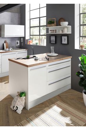 MID.YOU Mid.you Kücheninsel, Weiß, Weiß Hochglanz, Kunststoff, 3 Schubladen, 145 cm, höhenverstellbare Füße, Küchen, Küchenzeilen & Küchenblöcke