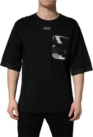 Dolce & Gabbana DG DNA Logo Camouflage Oversized Katoenen T-shirt met Zak - Heren - T-shirts - Zwart - M - Katoen - Tops