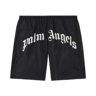 Palm Angels Beachwear, male, Black, Size: L Curved Logo Swim Shorts