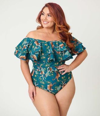 Unique Vintage Off Shoulder Nantucket Swimsuit in Teal Tiger Print at Nordstrom, Size 1X