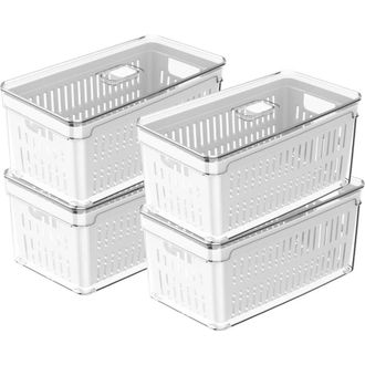 Ou Clear Stackable Fridge Organizer Bin with Drain Basket and Vented Lid, 4 Pack in Clear With White Drainer at Nordstrom