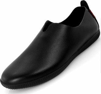 Generic Mens Loafers Shoe Round Toe Genuine Leather Anti-Slip Flat Heel Flexible Walking Slip-on(5.5 UK) Black