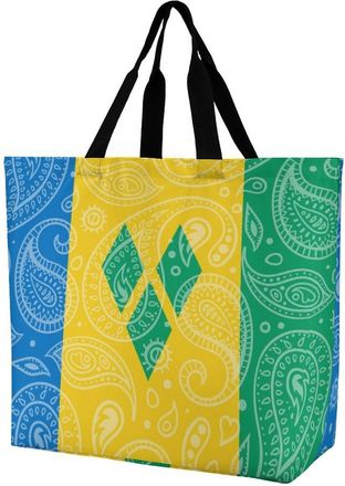 Generic Paisley And Saint Vincent Grenadines Flag Reusable Grocery Bag Large Capacity Foldable Shopping Tote with Inner Pocket